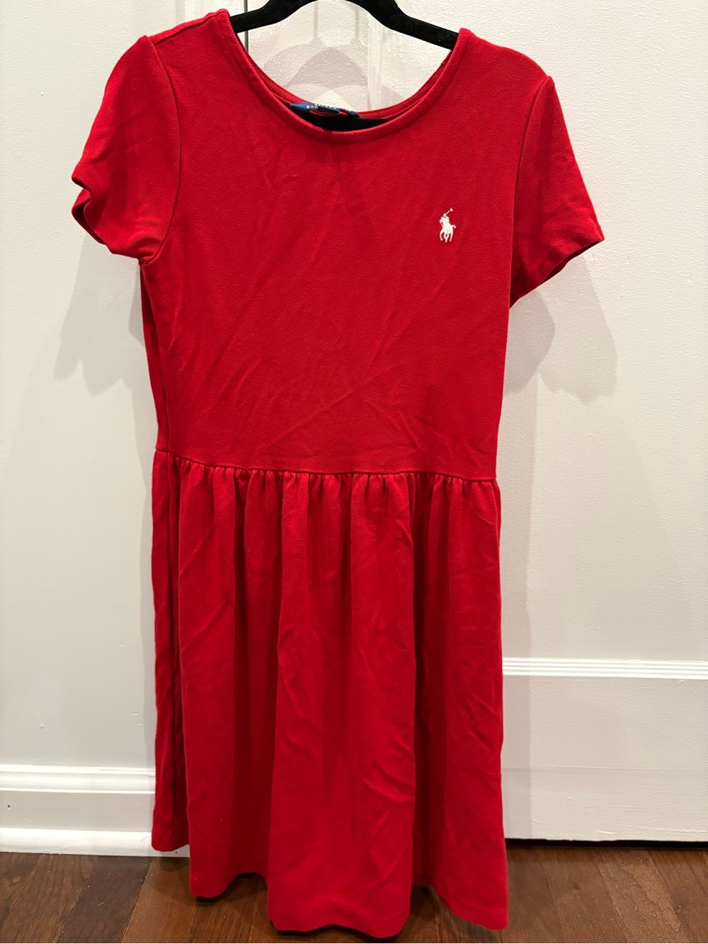 Polo Ralph Lauren Girls Red Short Sleeve Drop Waist Dress White Pony Size M 8-10